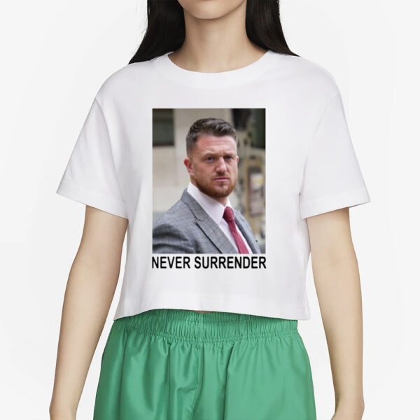 A Woman In London Tommy Robinson And Trump Mugshot Never Surrender T-Shirt2